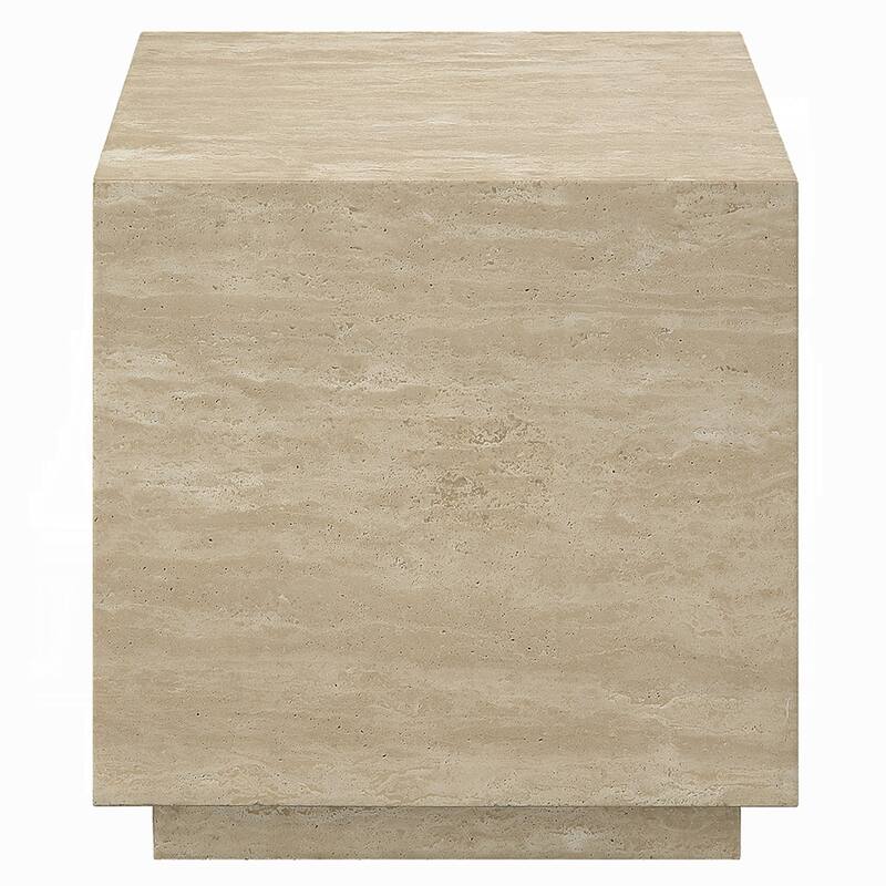 Lory Side End Table, 19 Inch Square Travertine Top, Natural Wood Beige