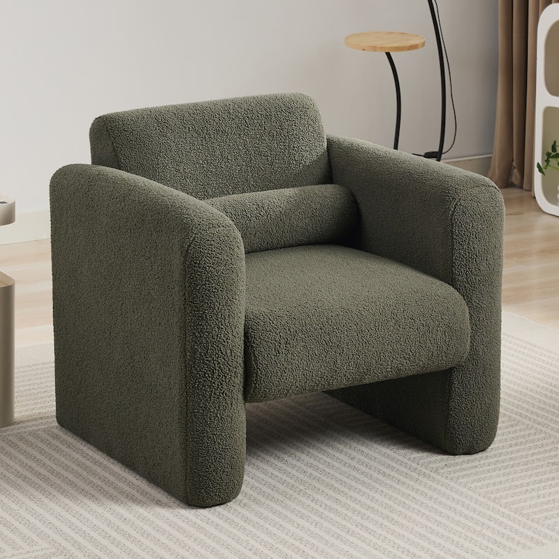 Modern Accent Chair Lambskin Sherpa Fabric Upholstered Comfy Reading Arm Chair Soft Padded with Back and Pillow for Living Room
