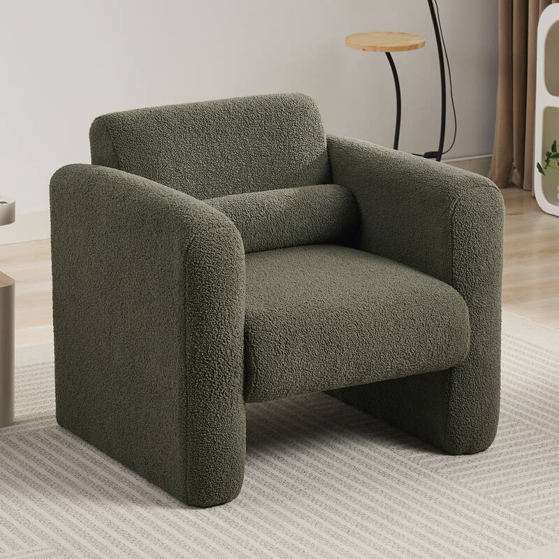 Roomfitters Modern Accent Chair, Lambskin Sherpa Fabric Upholstered Comfy Reading Armchair with Back and Pillow for Living Room
