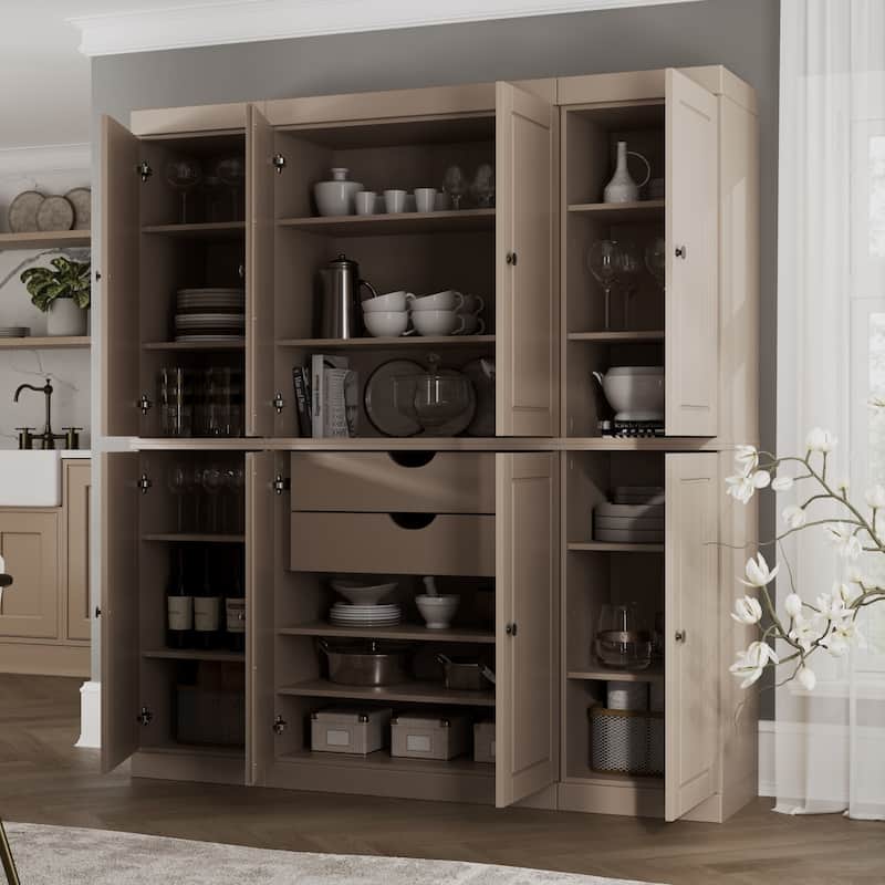 Palace Imports 100% Solid Wood Kitchen China Cabinet Pantry with Glass or Solid Wood Doors and 2-Drawer Kit - 65" x 71.5" - Beige - Solid