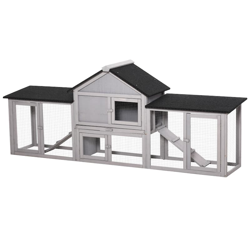 PawHut 83" Wooden Rabbit Hutch Large Bunny Hutch House with Double Run, Removable Tray and Waterproof Roof for Outdoor