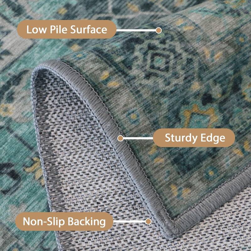 Mcow Green Floral Low Pile Machine Washable Non-Slip Area Rug