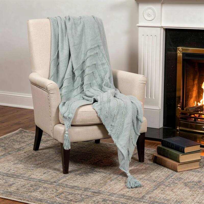 HomeRoots 50" X 60" Aqua Cotton Woven Geometric Throw Blanket with Tassels - Throw - Aqua