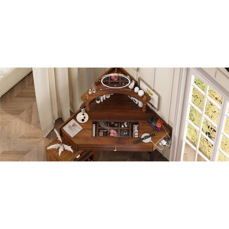 Rossetta Corner Glass Tabletop Vanity Desk Set with Removable Pull-Out Side Cabinet and Charging Station, Matching Stool