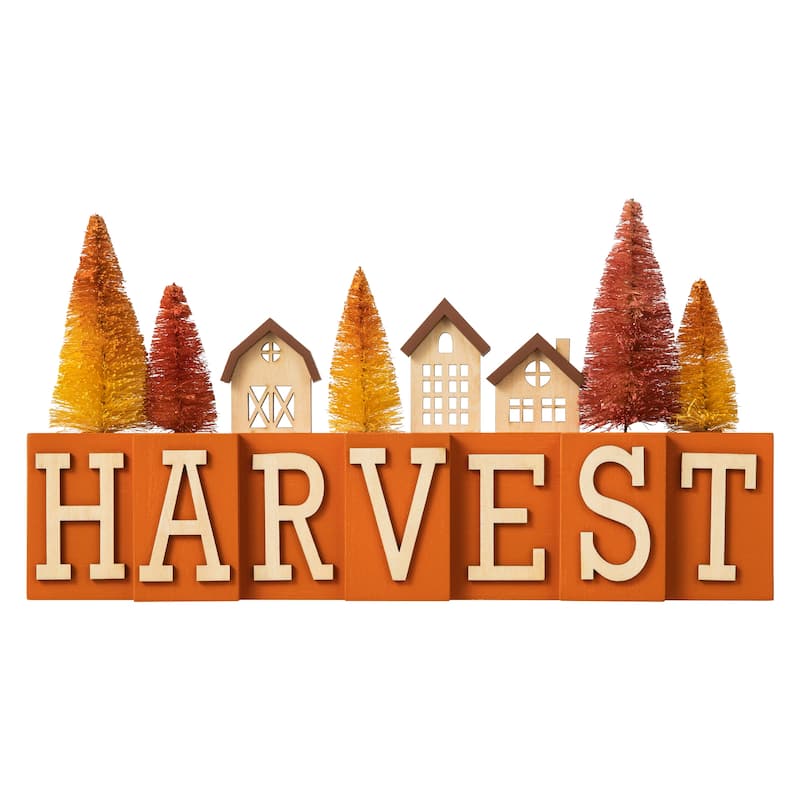 Glitzhome 14"L Fall Harvest Wooden House & Brush Trees Table Decor
