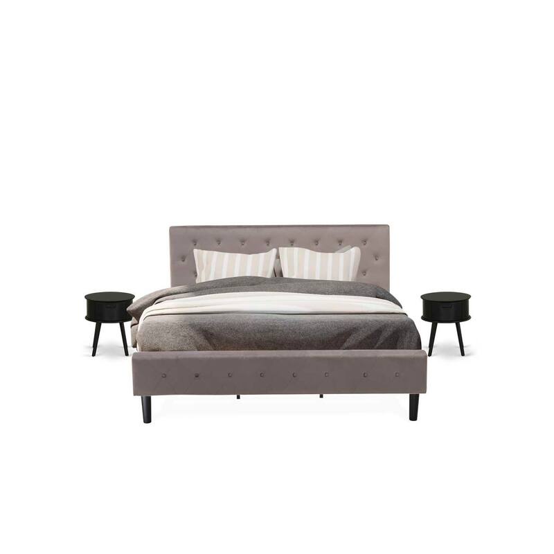 3-Piece Bed Set - Velvet Upholstered Bed Frame & Nightstand - Modern Button Tufted Design