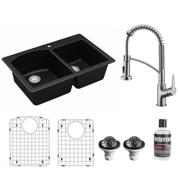 Karran All in One Drop-In Quartz 33 in. Double Bowl 60/40 Kitchen Sink in Black with KKF210 Faucet in Stainless Steel. Opens flyout.