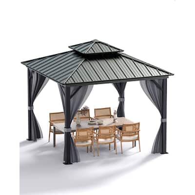 12 Ft x 12 Ft (12 Ft x 16 Ft / 12 Ft x 20 Ft )Hardtop Gazebo with Netting and Curtains, Galvanized Steel Double Roof