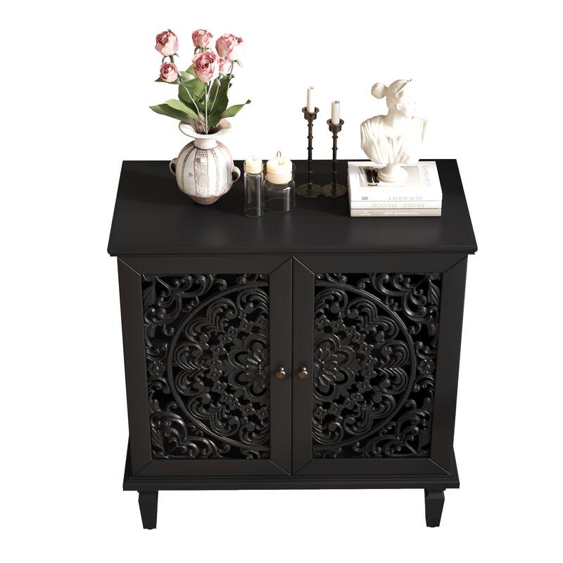 GDF Studio - Vintage Hollow-Carved Accent Cabinet, 2-Door Display Sideboard with Adjustable Shelf