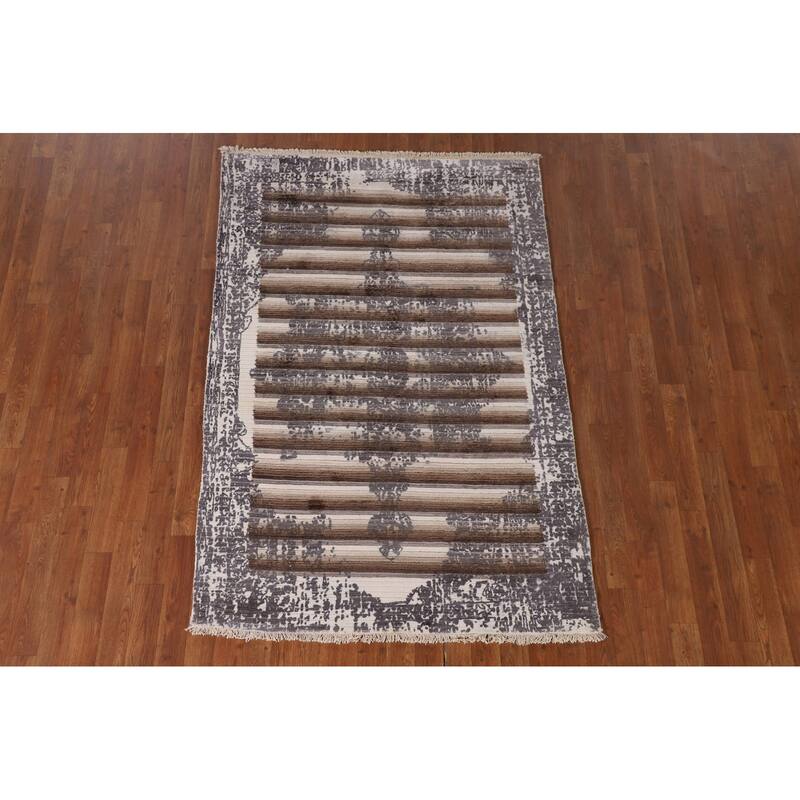 Striped Modern Abstract Rug Hand-Knotted Wool Carpet - 3'11"x 5'11"