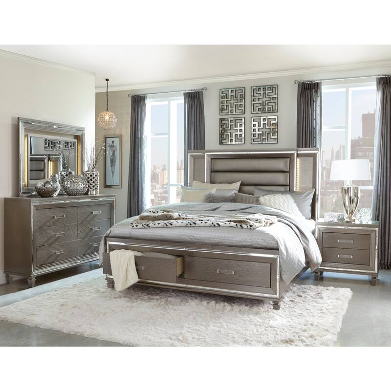 Rosalinda Silver Gray LED Faux Leather Upholstered Storage Platform Bed