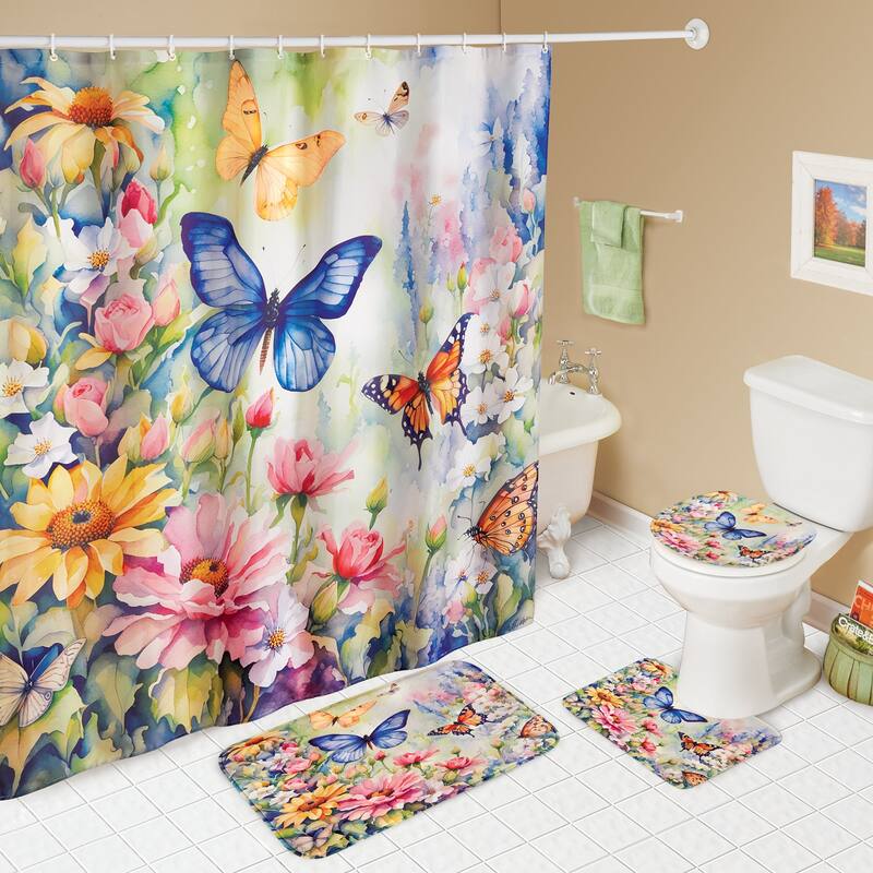 Colorful Spring Butterfly Garden 12-Piece Bathroom Set - Green - 72 x 0.01 x 71.75