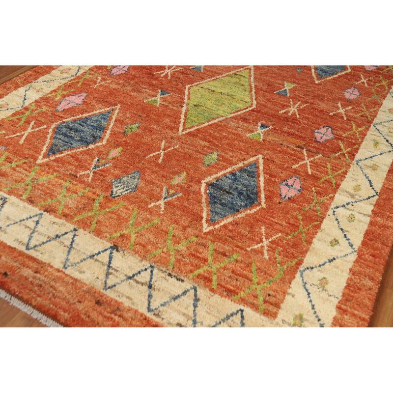 Geometric Orange Moroccan Oriental Rug Handmade Modern Wool Carpet - 6'9" x 9'9"