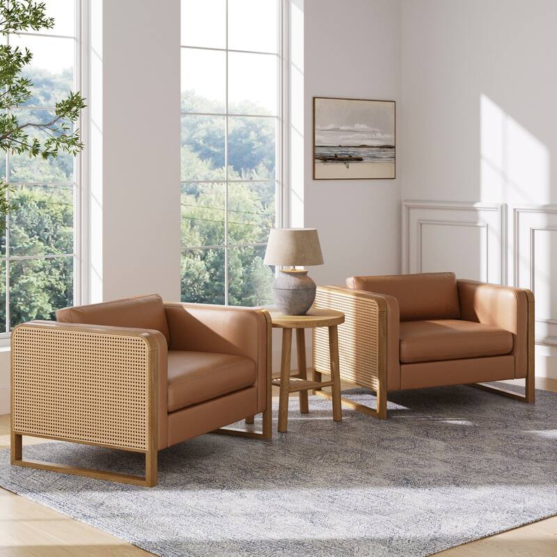 Madison Modern Upholstered Modular Sofa or Couch for Living Room with Solid Wood Legs - Armchair - Set of 2 - Camel/Light Brown/Rattan