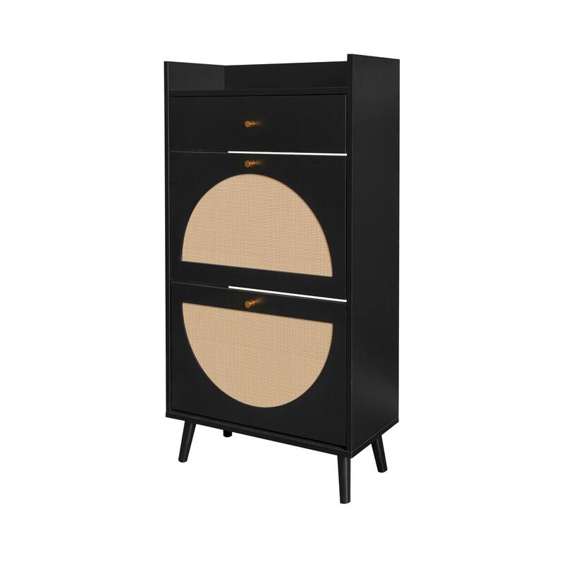 Anmytek Black Rattan Shoe Cabinet with Flip Doors 43 Inch Entryway Storage Organizer