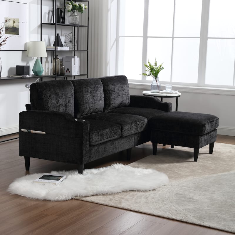 Modular Sectional Sofa with Storage Ottoman, Comfy Chenille Fabric Sofa, 3-Seater Sofa with Side Pockets & 2 Cup Holders
