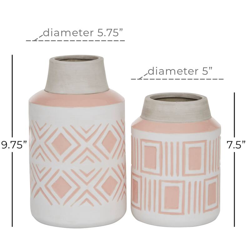 Ceramic Vase with Diamond Patterns - Set of 2 White - Roche River Decor - 6"W x 6"L x 10"H