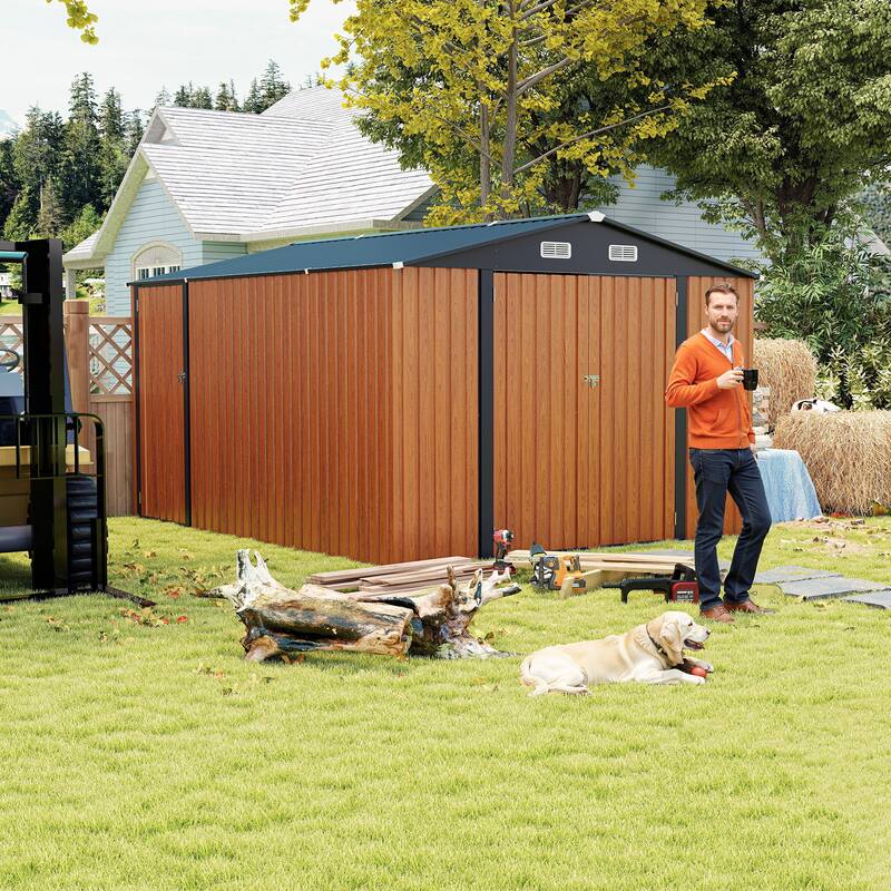 Outdoor Storage Shed 9×11 FT with 3 Lockable Doors,Utility Tool Shed Metal Storage Garden Sheds 4 Vents,Metal Sheds