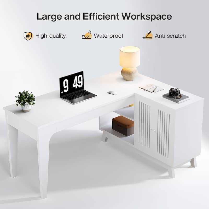 57'' Wood L-Shaped Corner Computer Desk Writing Table with Cabinet