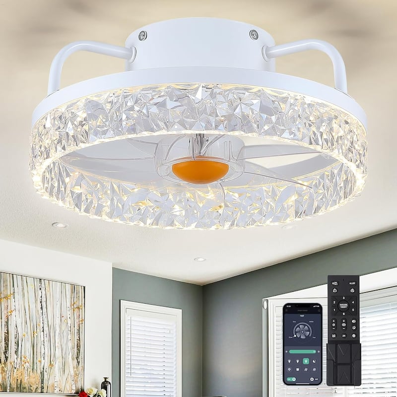 KAYLA 20.86'' Modern Flush Mount Ceiling Fans, Low Profile Ceiling Fan with Lights, Dimmable, APP Control, 6-Speed - N/A - White