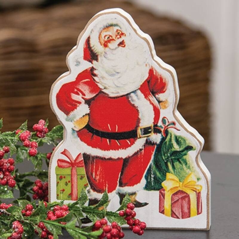 Distressed Wooden Santa Claus Holiday Figurine with Gifts Retro Seasonal Tabletop Ornament - 6.25" H x 4.5" W x .75" D