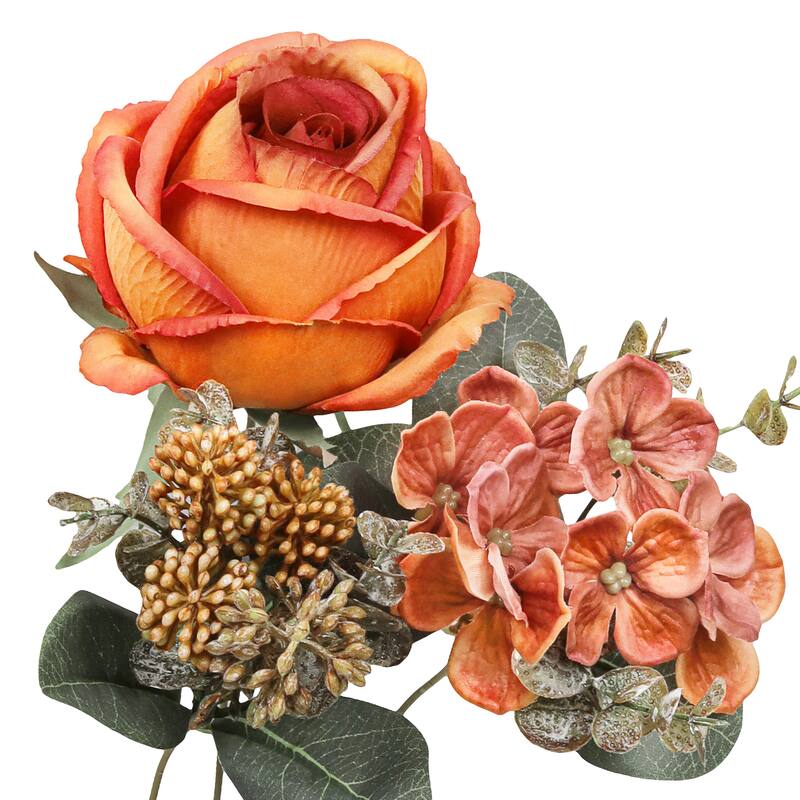 Set of 2 Orange Artificial Mixed Rose Hydrangea Berry Flower Stem Bush Bouquet 19in - 19" L x 10" W x 10" DP