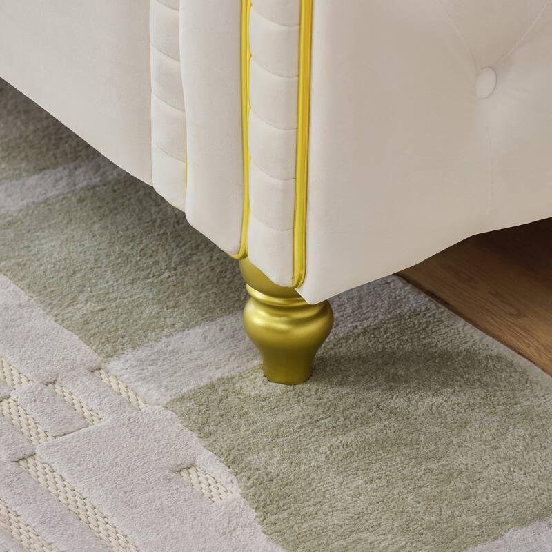 Roomfitters Two 86" Modern Upholstered Tuxedo Chesterfield Sofa Set with Gold Trim, Button Back 2-Piece Couch Set