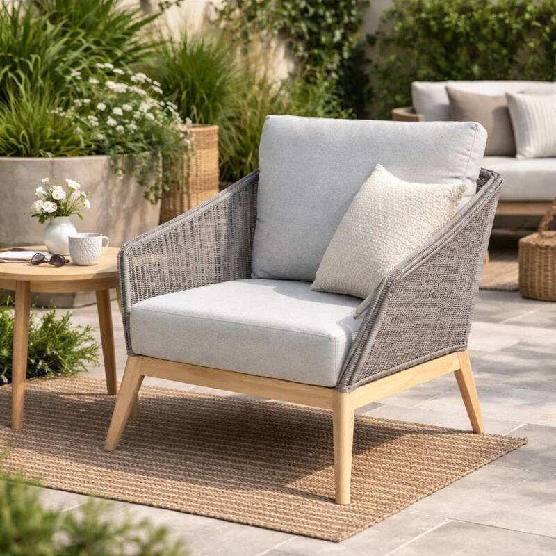 Dexi 30 Inch Patio Sofa Chair, Fade Resistant Fabric Cushions, Gray Rope