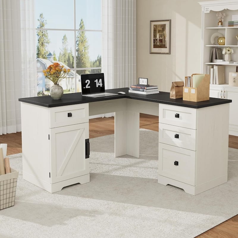 Executive L Shaped Home Office Computer Desk with File Drawers