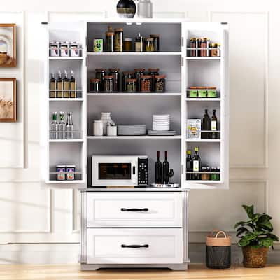 71" Farmhouse Pantry Cabinet - 2 Drawers + 8 Shelves, White & Textured