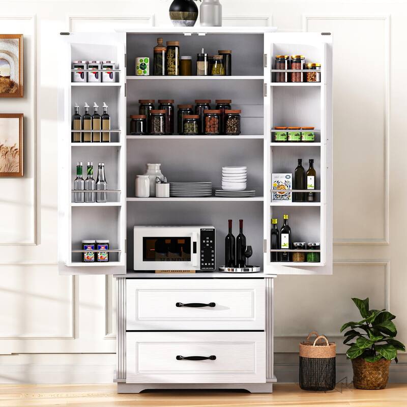 71"Kitchen Pantry Cabinet with 2 Drawers,Embossed Texture Freestanding Cabinet with 8 Door Shelves and 3 Cabinet Shelves