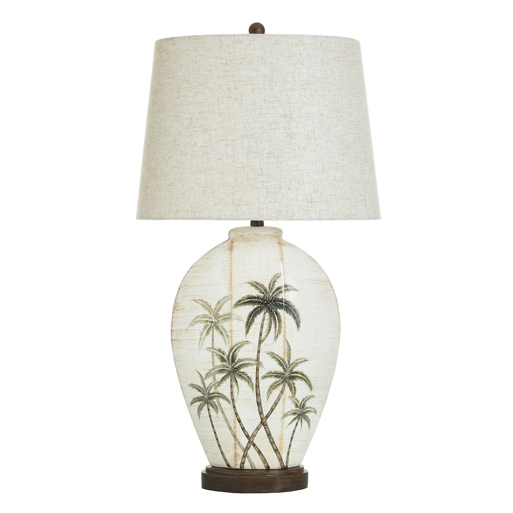 Patina Palms Table Lamp - Coastal Off-White and Palm Tree Design - Oatmeal Shade