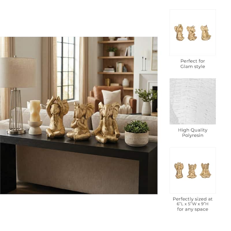 Decorative Resin Elephant Figurines with Yoga Poses - Set of 3, 8"