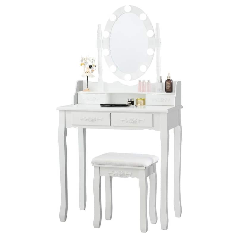 Makeup Dressing Table with Touch Switch Lighted Mirror and Cushioned Stool - 29.5"(L) x 16"(W) x 57"(H)