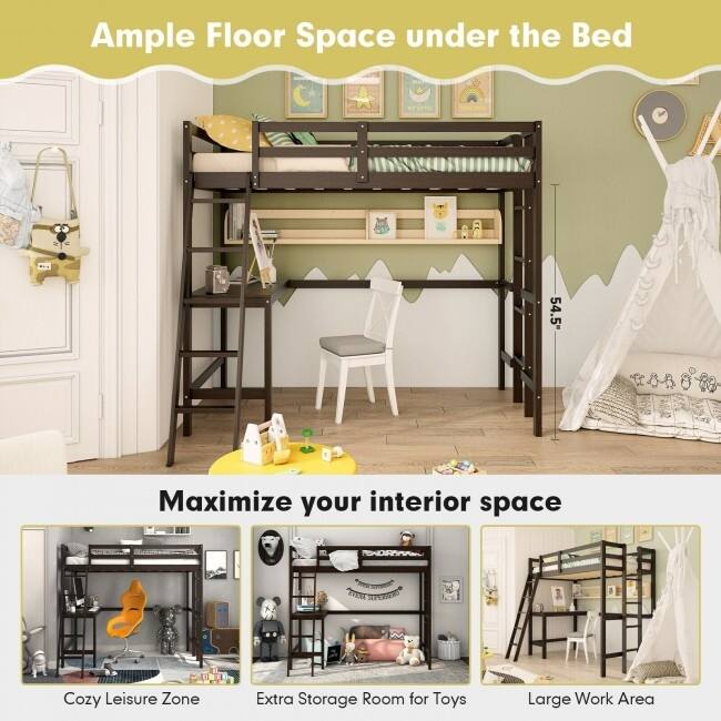 Twin Size Loft Bed Frame with Desk Angled and Built-in Ladder