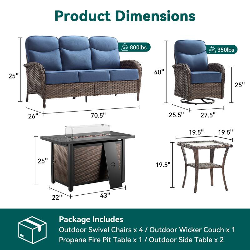Pocassy Outdoor Sofa Swivel Chair and Ottman with Fire Pit Table