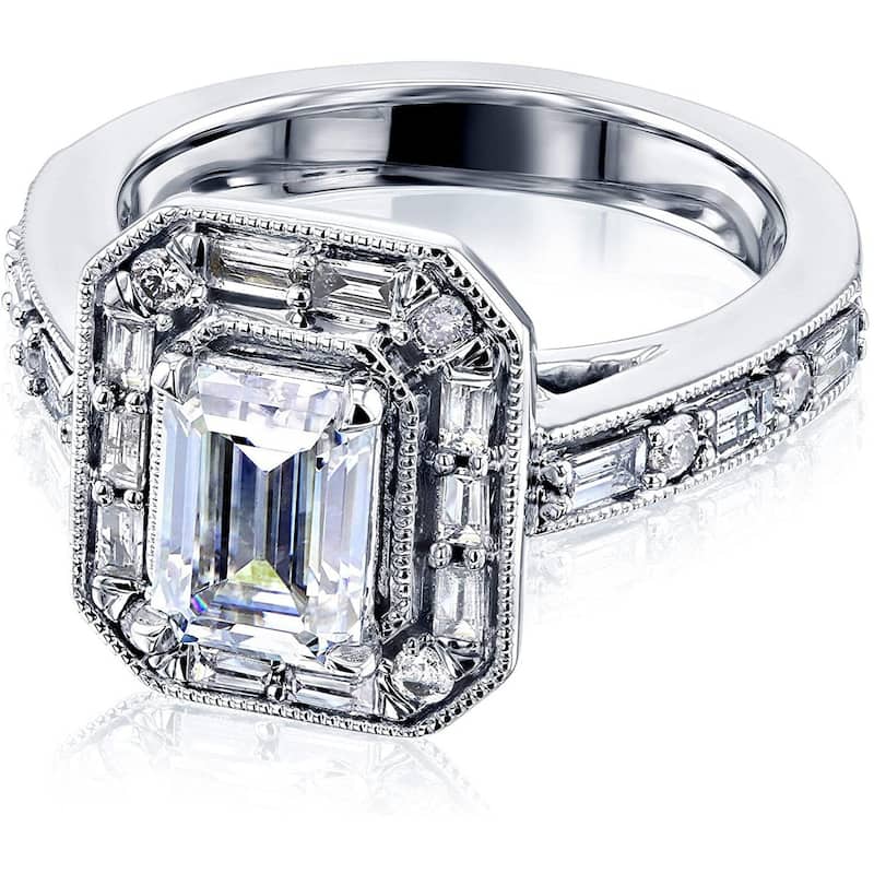 Annello by Kobelli 10K Gold Forever One Moissanite The Daisy Art Deco Emerald Engagement Ring (DEF/VS, HI/I, HI/I)