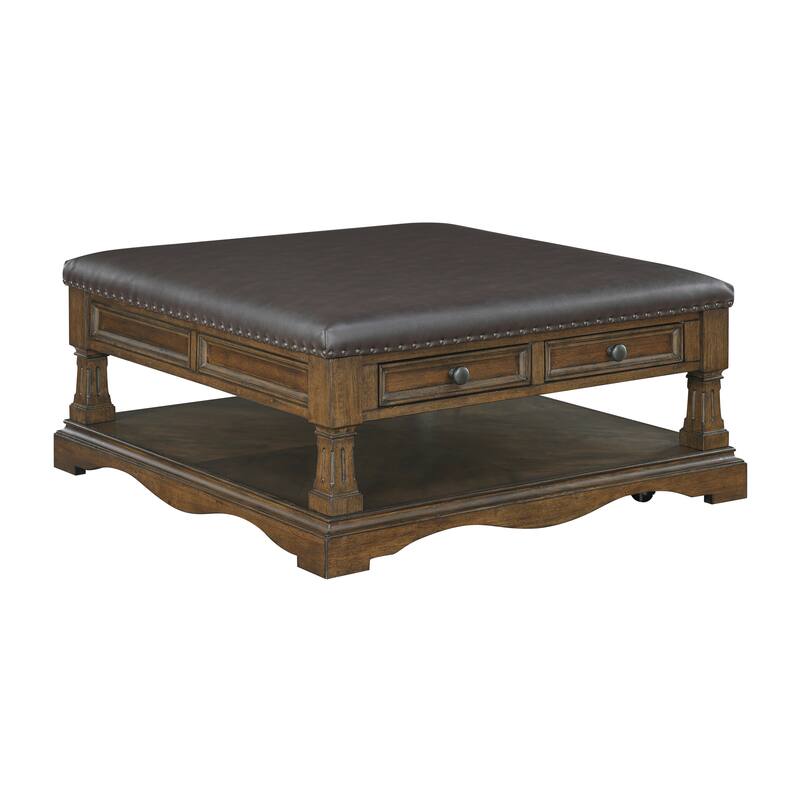 Dionne Rectangular Wood and Faux Leather Cocktail Table - Brown - Wood/Faux Leather