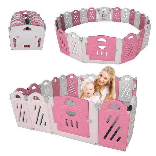 slide 2 of 8, 20+2 Panel Baby Playpen,Foldable Playard for Baby and Kids,Adjustable Shape Play Fence with Safety Lock Gate (Pink+White) Pink+White