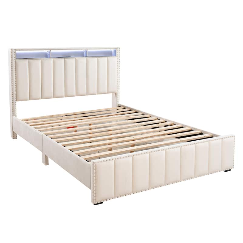 Modern Beige Solid Wood Bed Frame with Open Compartments