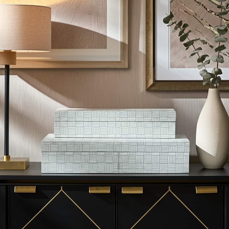 Resin Wood Storage Box Geometric Pattern (Set of 3) - 10/11/12" Black - 12" x 8" x 4"