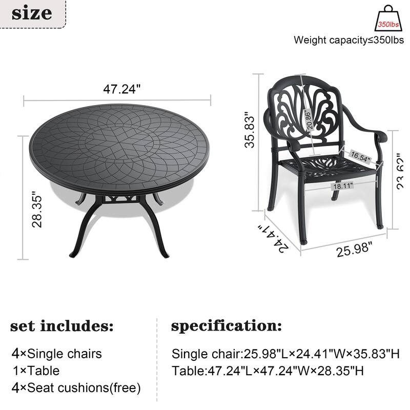 5-Piece Cast Aluminum Outdoor Dining Set with 47.24 in. Round Table and Brown Seat Cushions