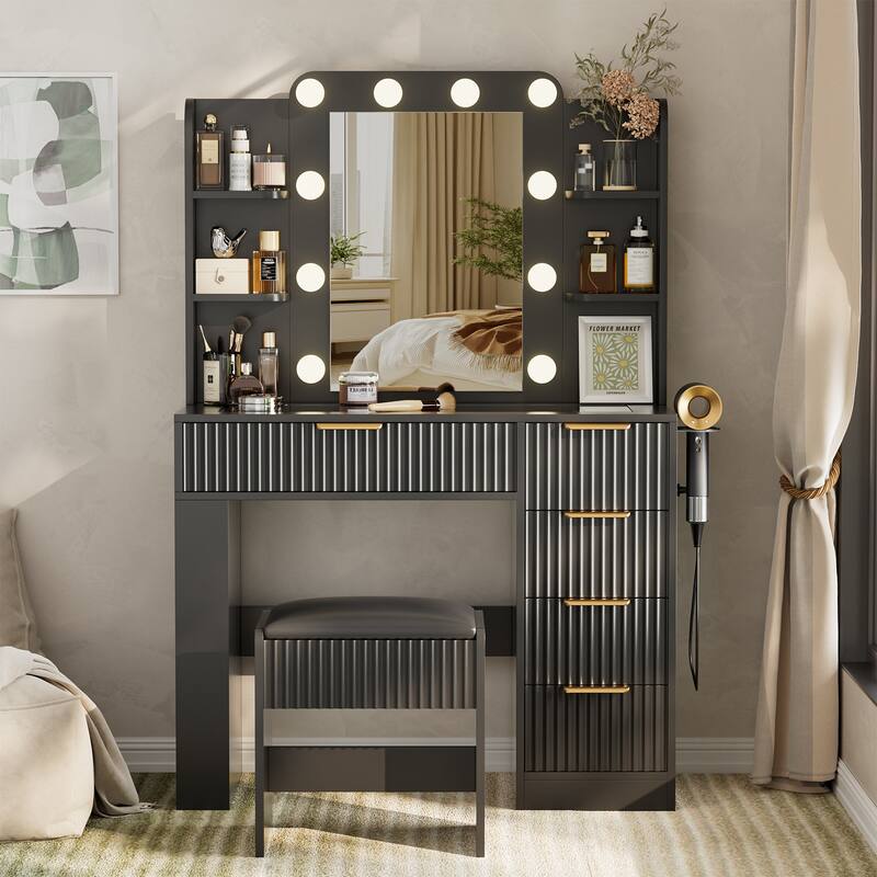 Transparent Tabletop Makeup Vanity Table / 2-Piece Vanity Desk and Stool Set with Charging Station - Black