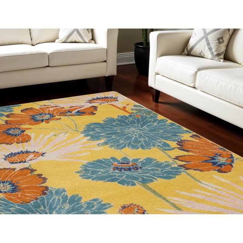 Hikim Power Loomed Floral Traditional Low Pile Area Rug By HomeRoots - 144' X '108' X '0.25 - 144' X '108' X '0.25 - Yellow - Rectangle