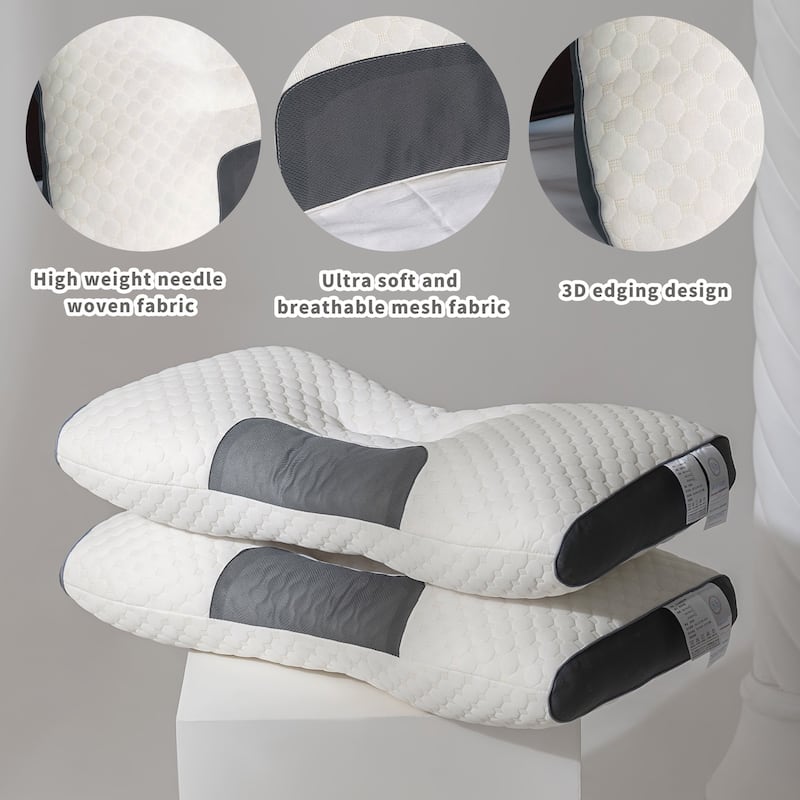 Set of 2 Ergonomic Cervical Neck Pillows, Orthopedic Contour Support Bed Pillow with Washable Covers - Beige