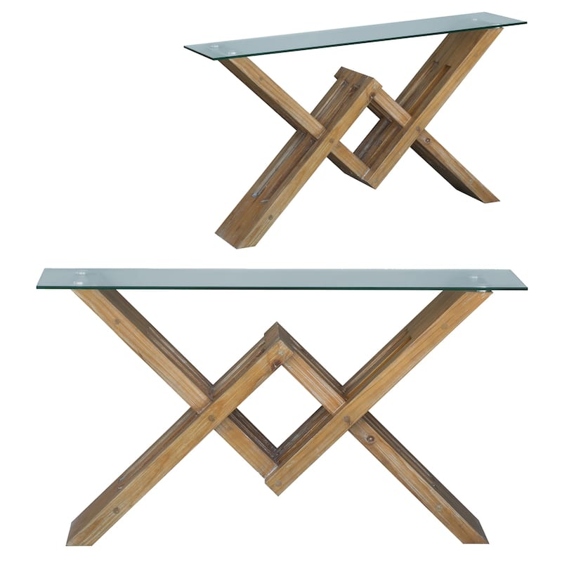 Burnished Acacia Wood Console Table with Glass Top - 58x16x34"