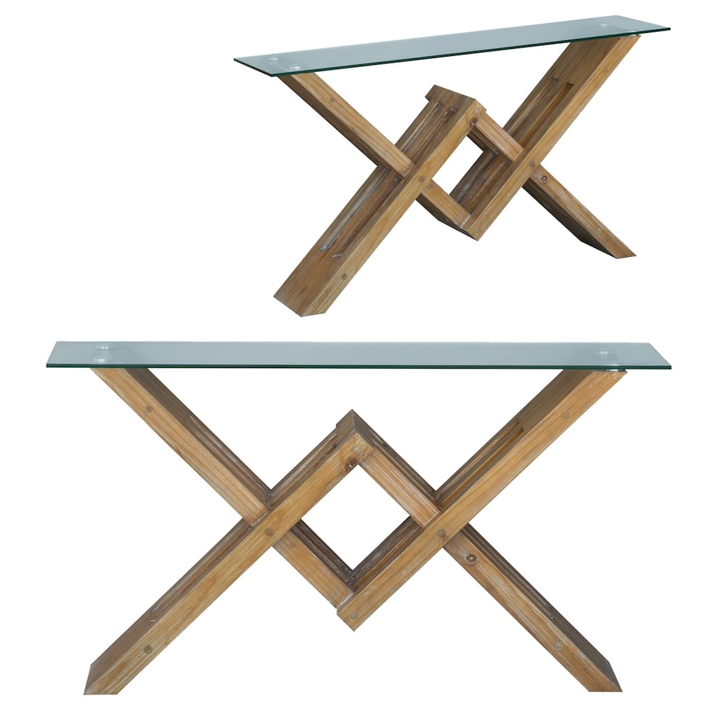 Burnished Acacia Wood Console Table with Glass Top - 58x16x34"