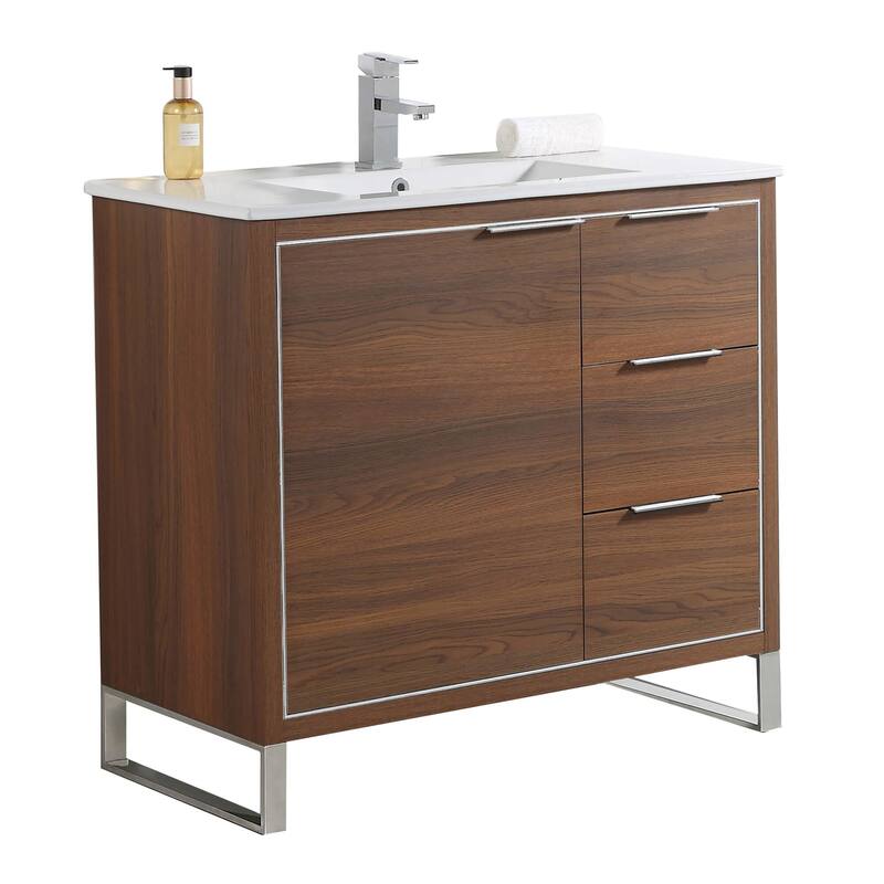 Fine Fixtures Opulence Collection Bathroom Vanity with White Ceramic Sink - 36 Inch - Walnut Ebony - Chrome Hardware