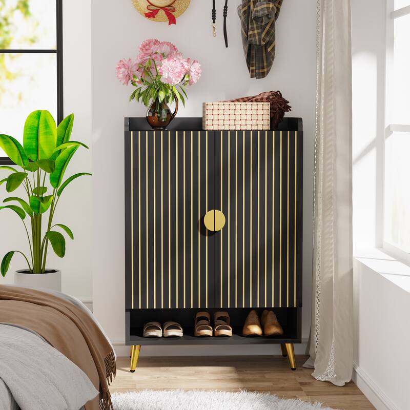 7-Tier Shoe Cabinet with Doors, Adjustable Shelves, Black and Gold