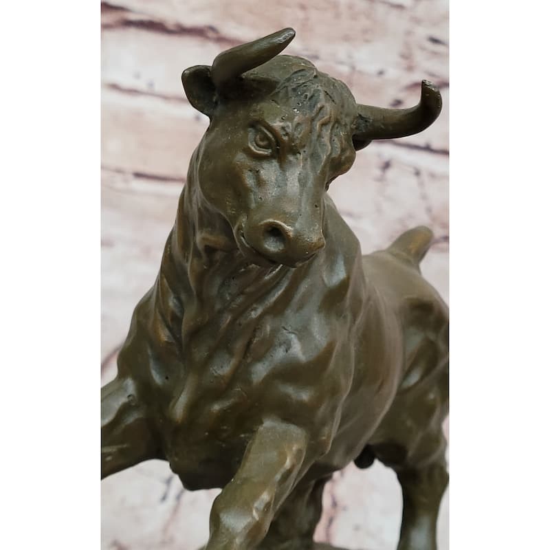 Charging Rearing Imitative Bull Bronze Sculpture On Marble Base Signed Milo